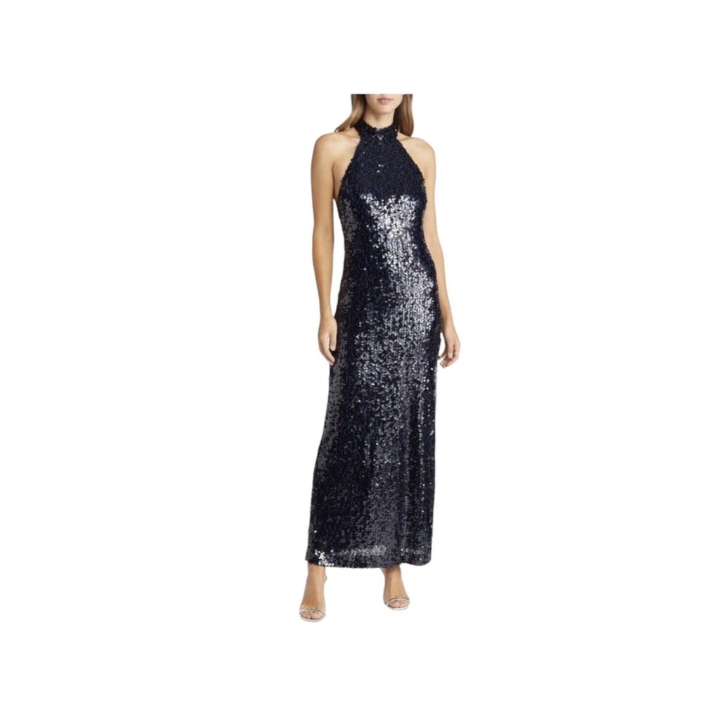WAYF Sequin High Neck Gown Open Back Floor Length in Midnight Women's Size XL